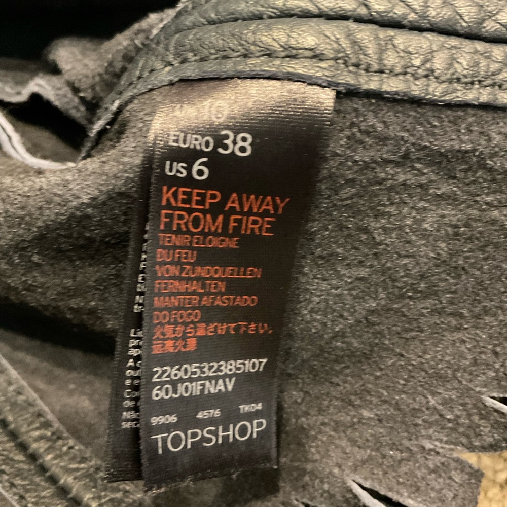 Top Shop Kate Moss leather dark blue navy fringe jacket sz 6 - Picture 4 of 8